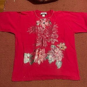 Womens SK Sport Large T Shirt Poinsettia Christmas Design Rhinestones Beads Red